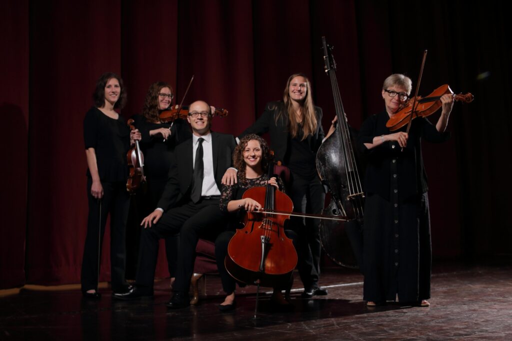 The White Spruce Chamber Players pose with their instruments.